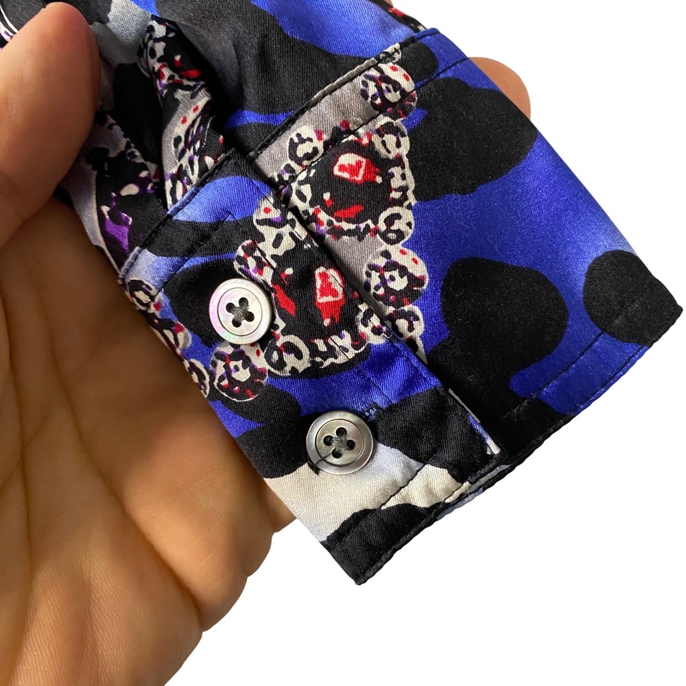Cache Silk Blend Animal Jewel Print Button Down Blouse Blue Black Womens Small - Picture 6 of 11